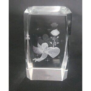 Dove-Heart Crystal Glass 3D Laser Etched Hologram Statue Paperweight Cupid